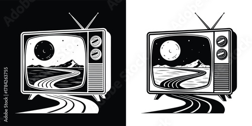 Retro television set displaying a scenic landscape with a winding road leading to a full moon, presented in both black and white and inverted color schemes