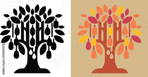 Elegant fruit tree illustration with vibrant autumn leaves, available in black and white or warm color palettes for striking seasonal designs