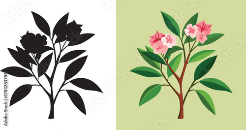 Lovely pink rhododendron bush silhouette and color illustration for spring designs and botanical themes, bringing simple beauty to your project