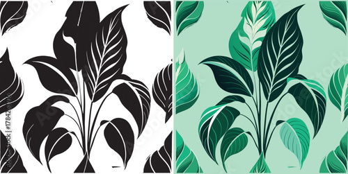 Charming tropical leaf pattern in black and white and serene greens, perfect for sophisticated wallpaper, fabric, or branding projects