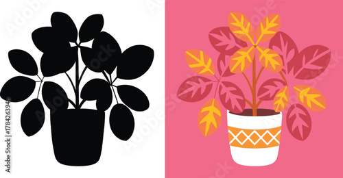 Whimsical potted plant art with vibrant leaves and a playful design element for nursery decor and modern botanical illustration projects