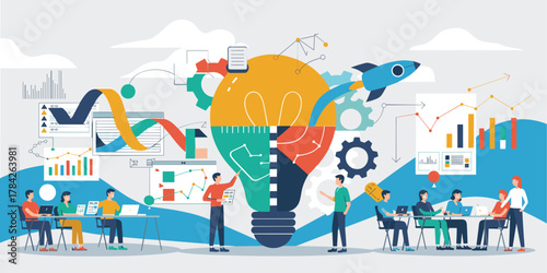 Business team collaborating around a giant lightbulb with charts and rocket collaboration