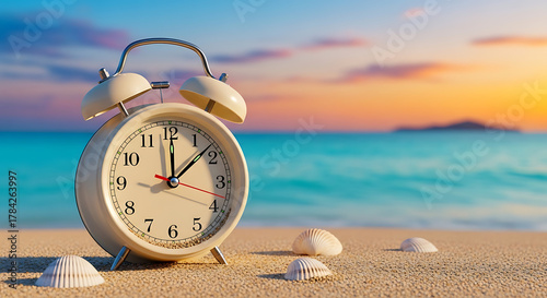 Classic alarm clock sits on sunlit beach beside shells as sea greets a vivid sunset over calm water