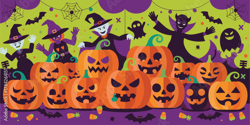 Halloween characters and jack o lanterns on a green and purple background pumpkin