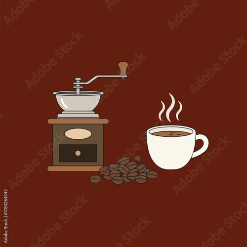 A cartoonish illustration of a manual coffee grinder, a pile of beans, and a steaming mug of coffee on a brown background, presenting a coffee theme.