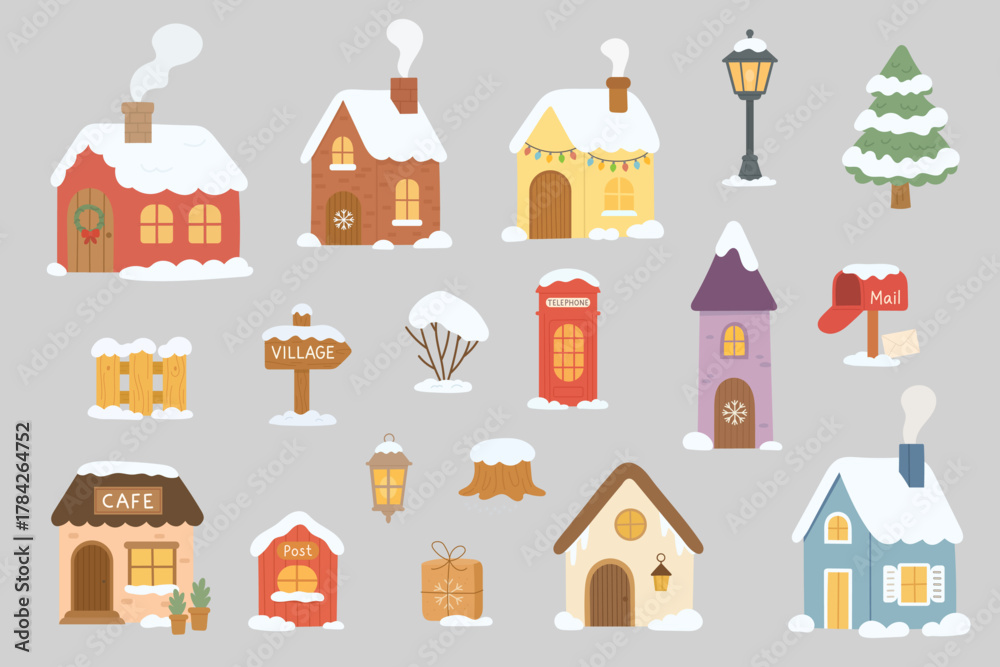 Obraz premium Collection of cozy winter village elements including snowy houses, lanterns, trees, and postboxes, winter village set radiates festive charm and warmth, perfect for Christmas cards, posters