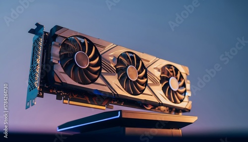 Realistic close-up photo of a high-end graphics card (GPU) installed in a VGA dock