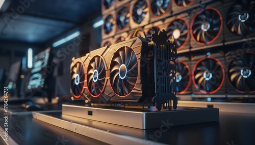 Realistic close-up photo of a high-end graphics card (GPU) installed in a VGA dock