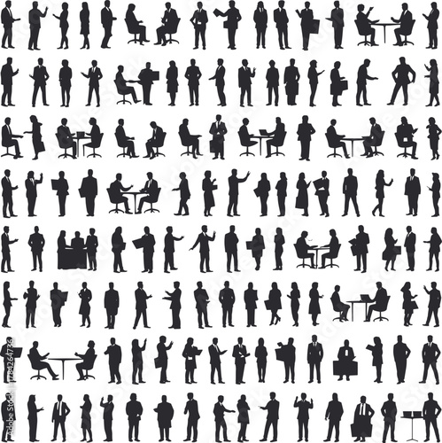 Silhouettes of business people in meetings, presentations, laptop use, gestures, seated and standing poses for corporate illustration design