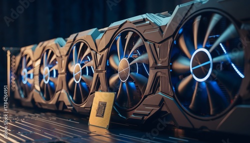 Realistic close-up photo of a high-end graphics card (GPU) installed in a VGA dock