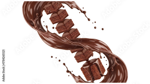Vector illustration of chocolate brownies splashing into liquid chocolate on a white background