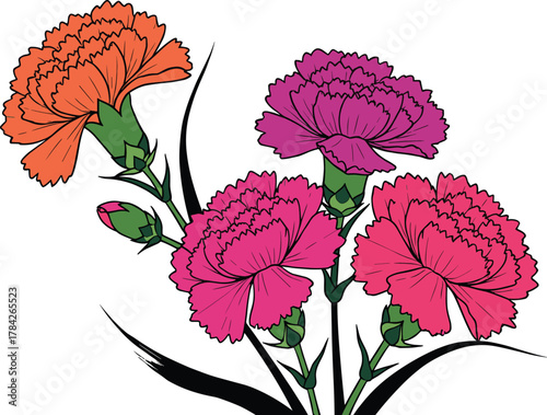 Carnation Bouquet Illustration – Orange, Purple, and Pink Flowers with Green Bud and Leaves