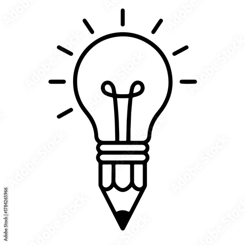 Creative Pencil Light Bulb Vector Icon – Black & White Line Art