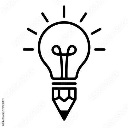 Creative Pencil Light Bulb Vector Icon – Black & White Line Art