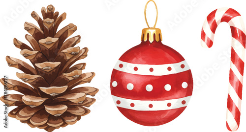Vector Illustration Christmas Decorations Set Pine Cone, Bauble, and Candy Cane