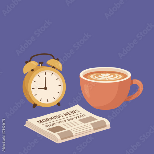 An illustration of a clock, cup of coffee, and newspaper on a purple background, depicting the morning routine.