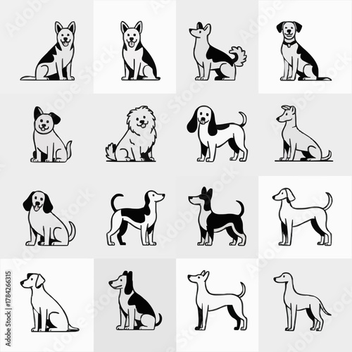 Minimalist Dog Breed Icons - Black and White Vector Clipart Set