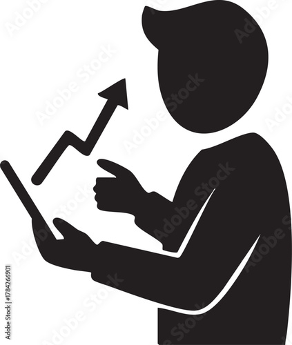 Mobile Financial Analysis: Person Pointing at Zigzag Growth Chart on Digital Tablet Icon