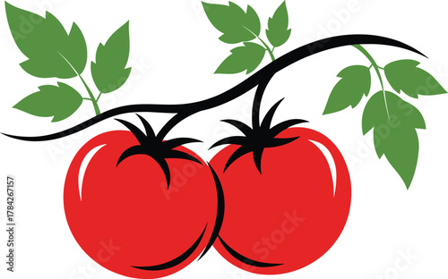 Ripe Tomatoes on Vine – Stylized Red Fruit with Green Leaves and Black Stem