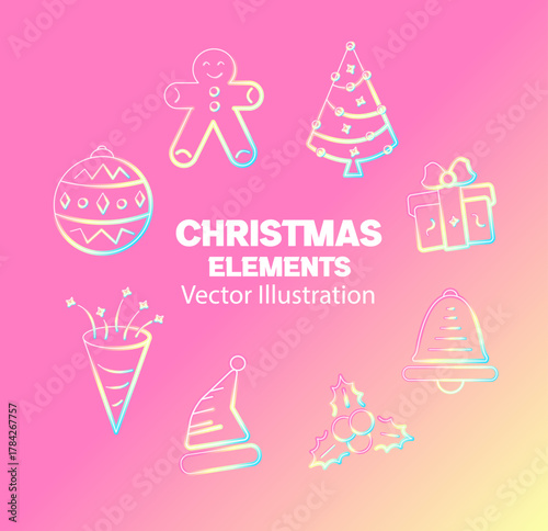 A collection of eight outlined Christmas including a bauble, gingerbread man, tree, present, party popper, santa hat, holly, and bell.