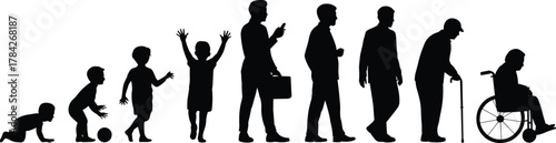 Silhouettes of human life stages from crawling baby to elderly in wheelchair for aging, development, and illustration design use