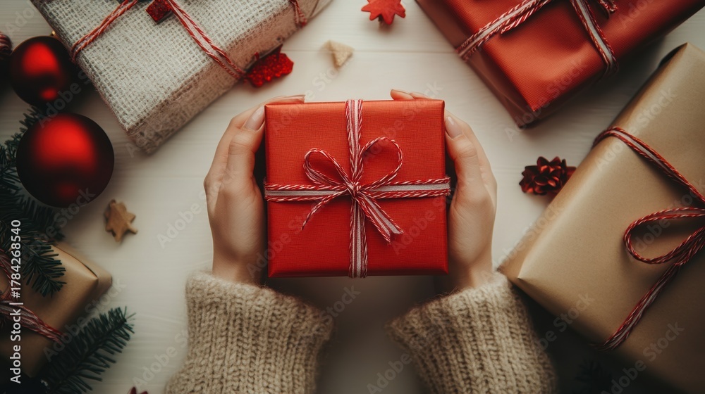 Fototapeta premium Unboxing red gifts in christmas day,cozy room unpack box,santa gifts,happy time online purchase and the ease of shipping and delivery,online shopping.