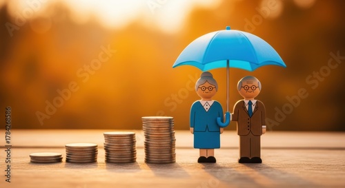 Wooden figures of elderly couple with stacked coins protected under umbrella symbolizing financial security retirement savings and investment