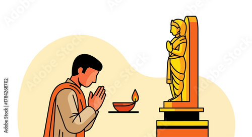 An illustration of a devout Hindu man in traditional attire praying to a golden goddess statue with a lit oil lamp.