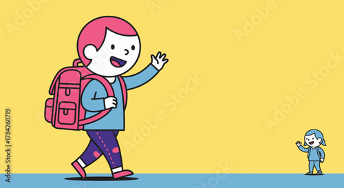 A large cartoon child with a pink backpack waves goodbye while walking, with a smaller child waving in the distance on a yellow background.