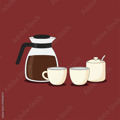 This image shows a coffee carafe, two coffee cups, and a sugar bowl with spoon, all stylized with a minimalist cartoonish aesthetic, set against a maroon background.