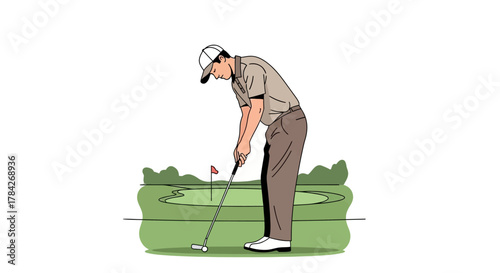 A golfer in a cap and collared shirt lines up a putt on a green golf course with a flag in the background.