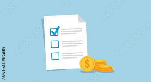 A document with a checklist and a stack of gold dollar coins, representing financial planning or task completion.