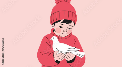 Illustration of a child holding a white dove, wearing a red hat and sweater.