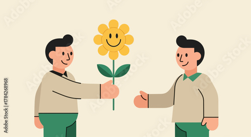 A cartoon man gives a happy smiling yellow flower to another man as a kind gesture of friendship.
