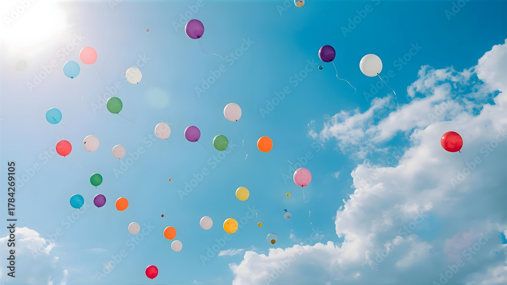 Fototapeta premium Colorful balloons floating in blue sky, sunlight and light clouds, cheerful natural atmosphere
