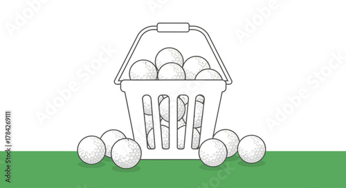 Basket overflowing with white balls on a green surface, simple line art illustration.