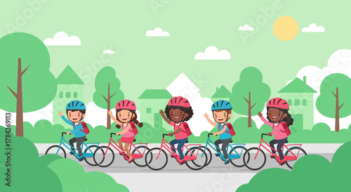 A diverse group of happy children wearing helmets and riding their bicycles together in a green suburban park.