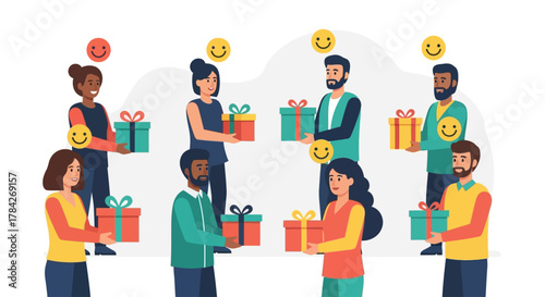 A diverse group of happy people smiling while giving and receiving wrapped gift boxes from each other.