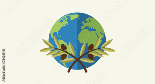 A stylized illustration featuring a globe with olive branches, symbolizing peace and environmental awareness.