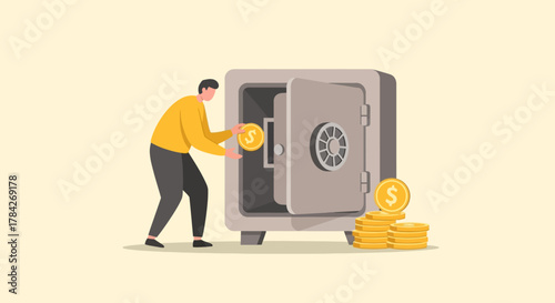 A man in a yellow sweater carefully places a large gold dollar coin into an open metal safe, with a stack of coins nearby, symbolizing savings and financial security.
