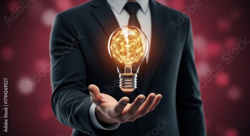 Businessman holds glowing lightbulb representing innovative idea creative thinking success and imagination in a modern business environment