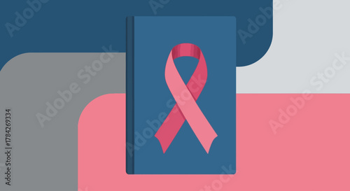 A pink ribbon symbolizing breast cancer awareness is displayed on a blue book against a backdrop of abstract shapes in shades of blue, gray, and pink.