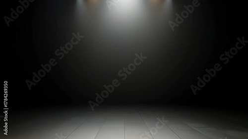 Dark Stage Spotlight With Blue and White Lights Shining Down Onto Reflective Floor