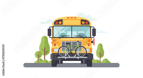 Front view of a yellow school bus with a bicycle mounted on the front, parked on a road.