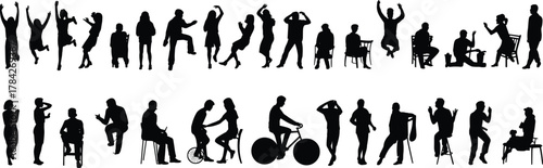 Silhouettes of people in various poses and activities—jumping, sitting, walking, cycling, gesturing—for lifestyle, design, and posture illustration