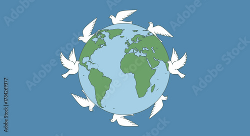 An illustration of white peace doves flying in a circle around planet Earth, symbolizing global harmony and unity.