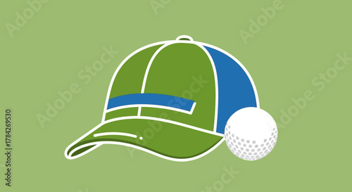 A simple vector illustration of a green and blue golf cap and a white golf ball on a plain background.