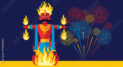 Illustration of a burning effigy of Ravana with fireworks in the background, symbolizing the victory of good over evil.