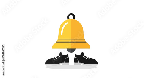 A whimsical illustration of a golden bell with black shoes, suggesting movement and anthropomorphism.