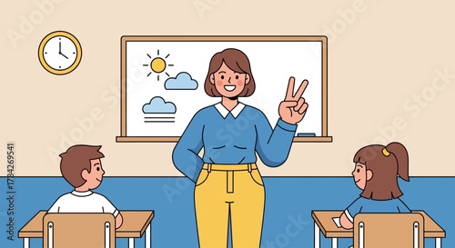 Illustration of a smiling female teacher giving a lesson about weather to young students in a classroom.